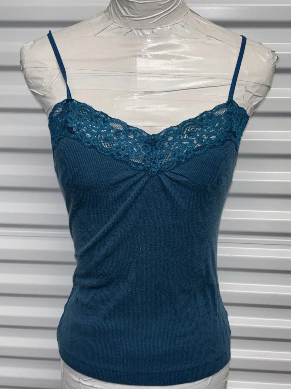 Y2K Lace Trim Ribbed Bella Cami Top Teal Indie Sleaze Coquette Fairy SZ.P/S
